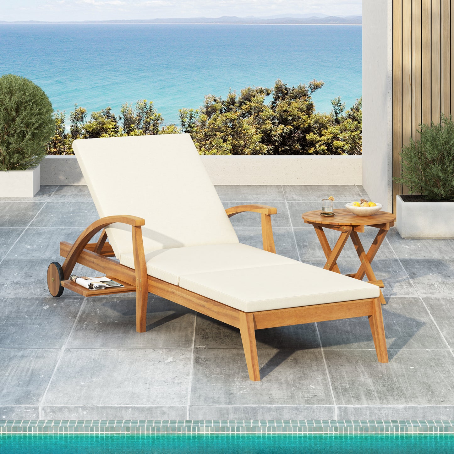 CHAISE LOUNGE WITH WHEEL - ACACIA WOOD RECLINER FOR PATIO GARDEN, WITH 2INCH WHITE CUSHION, 4-POSITION ADJUSTABLE BACKREST, VERSATILE OUTDOOR FURNITURE