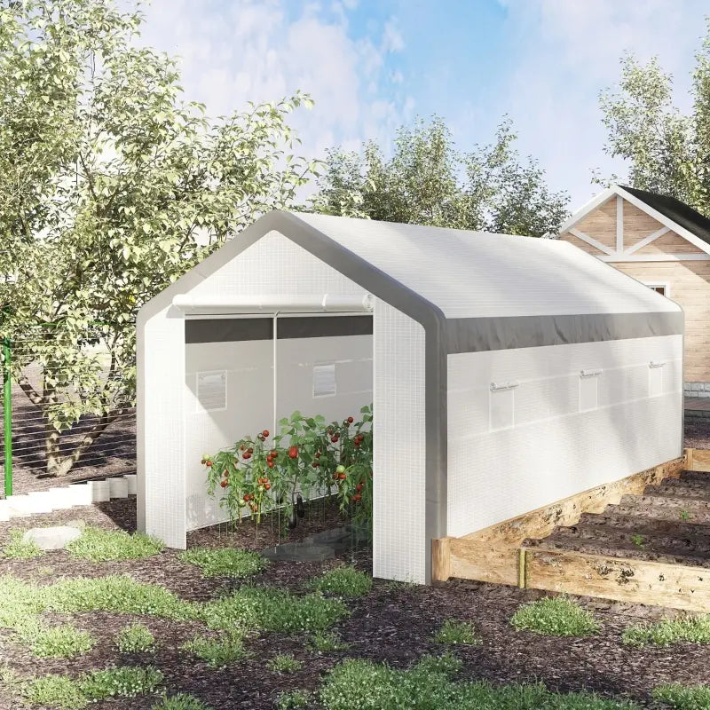Walk-in Greenhouse, Outdoor Garden Warm Hot House With 6 Roll-up Windows, 2 Zippered Doors And Weather Cover, White