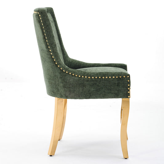 Chenille Dining Chairs, Modern Style With Curved Gold - Plated Legs & Rivet Trim, Upholstered Comfort For Dining Lounge, Accent Seating With Textured Fabric & One - Piece Structure, Green,Set Of 2