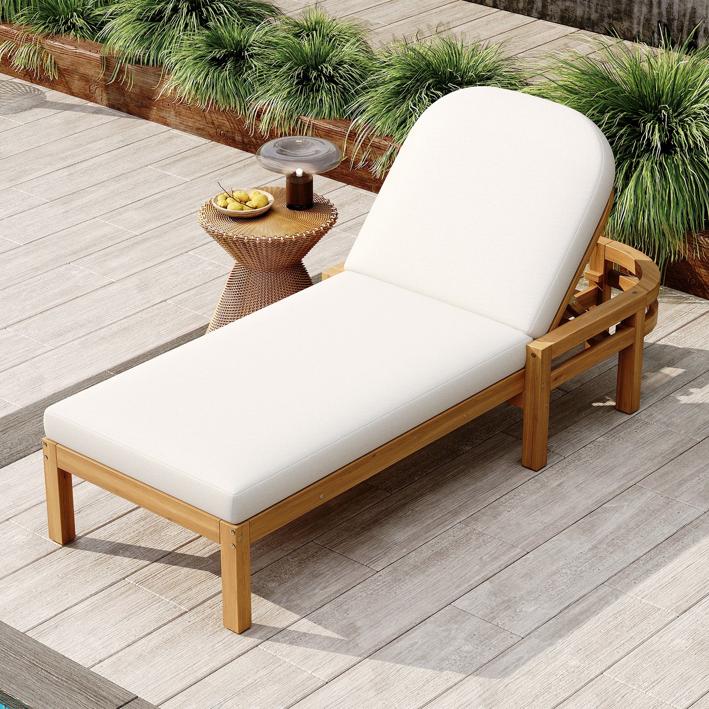TREXM Outdoor Chaise Lounge  Premium Acacia Wood Patio Recliner With Arched Backrest  5-Position Adjustable Backrest  Outdoor Lounge Chair For Poolside    Deck & Lawn  Light Teak