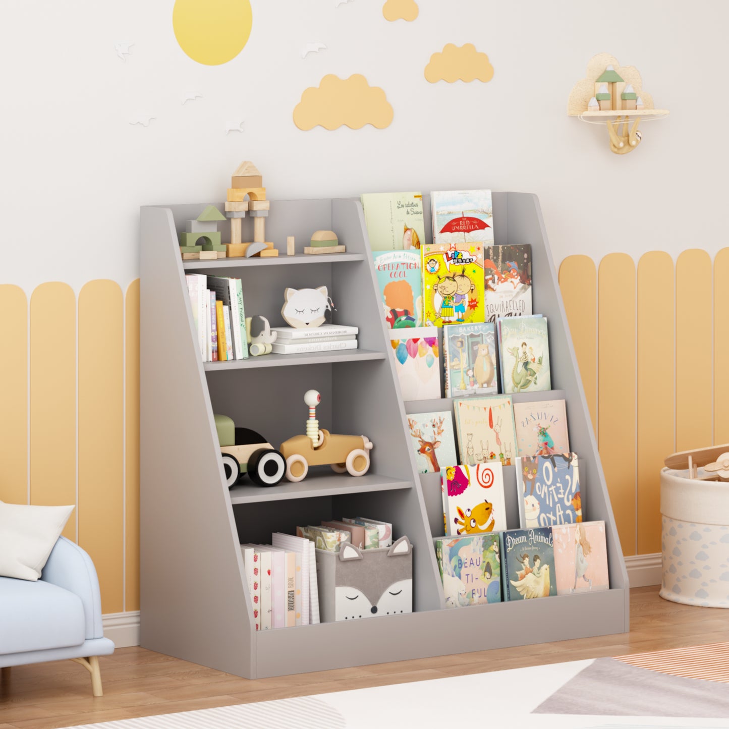 Kids Bookshelf And Toy Storage Organizer, Multifunctional 4 Tier Wooden Kids Book Shelf With  Bookcase Display Stand In Kids Room Playroom Nursery For Kids, Children, Toddlers  Gray