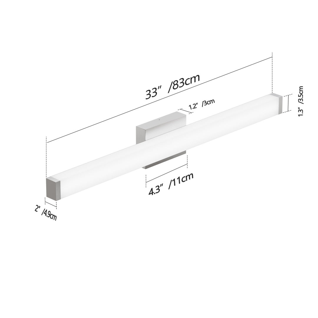 Bathroom Vanity Light Brushed Nickel Square LED 33inch 18W 6000K Cool White Light Wall Bar Lighting Fixtures Over Mirror
