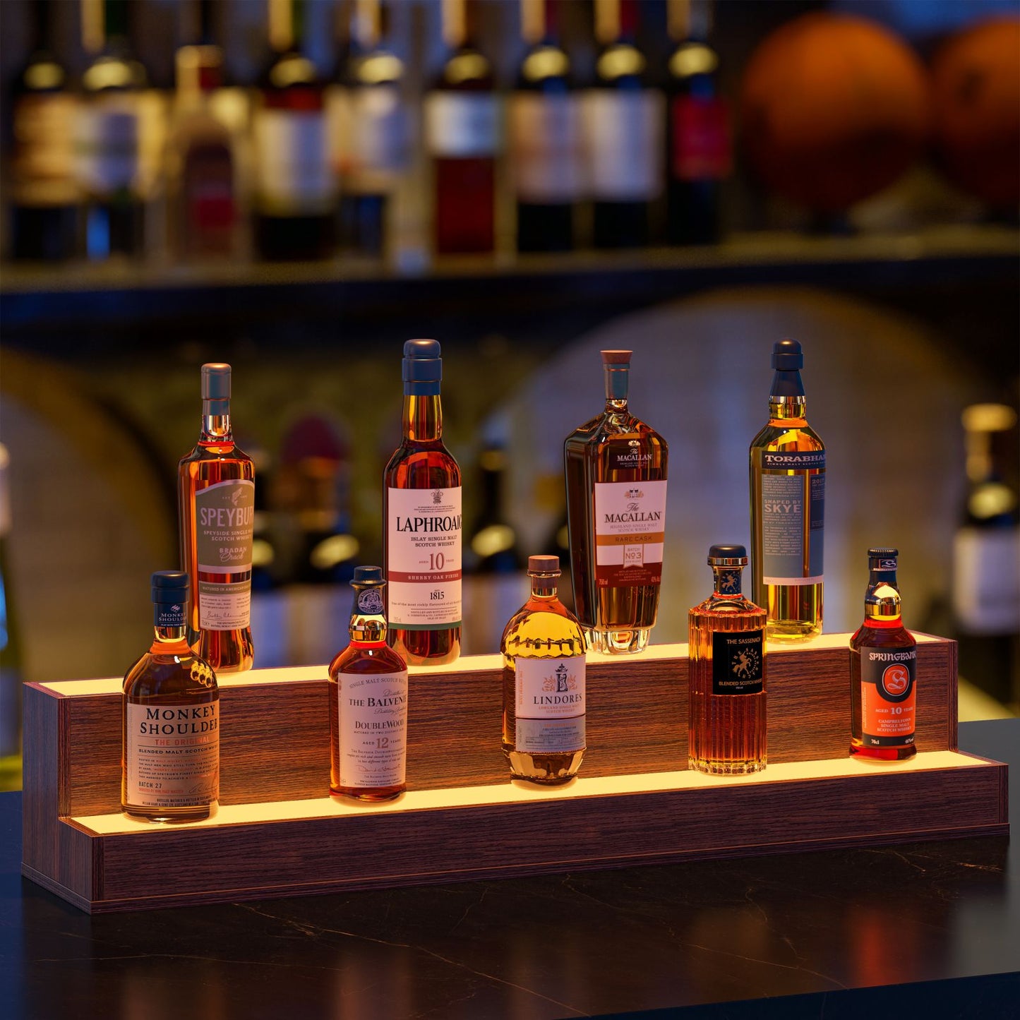 LED Lighted Liquor Bottle Display Shelf, 37 Inch Bar Display Shelf, DIY Illuminated Bottle Shelf With App & Remote Control, 2 Step Freestanding Holding Bottles For Home Bar, Party, Walnut