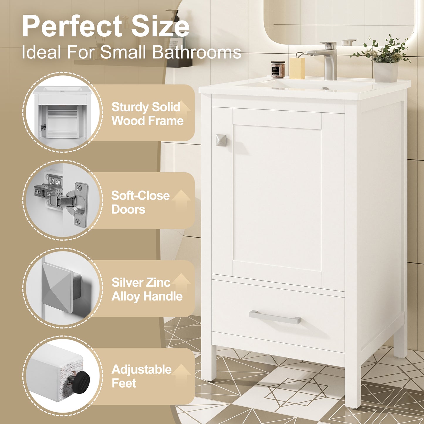20-Inch Modern Bathroom Vanity With Ceramic Sink, Soft-Close Drawer & Door, Double-Layer Door Organizer, Divider Drawer, Adjustable Foot Pads -Space-Saving Storage Design