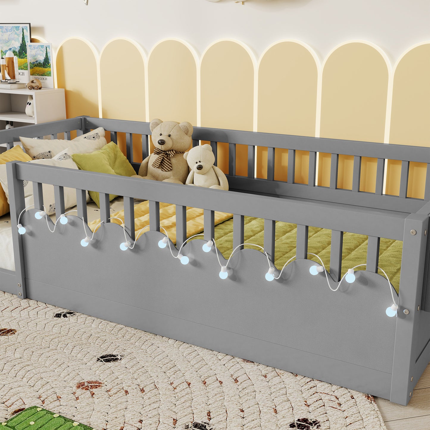 Full Montessori Floor Bed Frame With High Rails, Wood Kids Floor Beds With Light And Storage Shelf, GrayExpect Arrival Date 2025 8 15