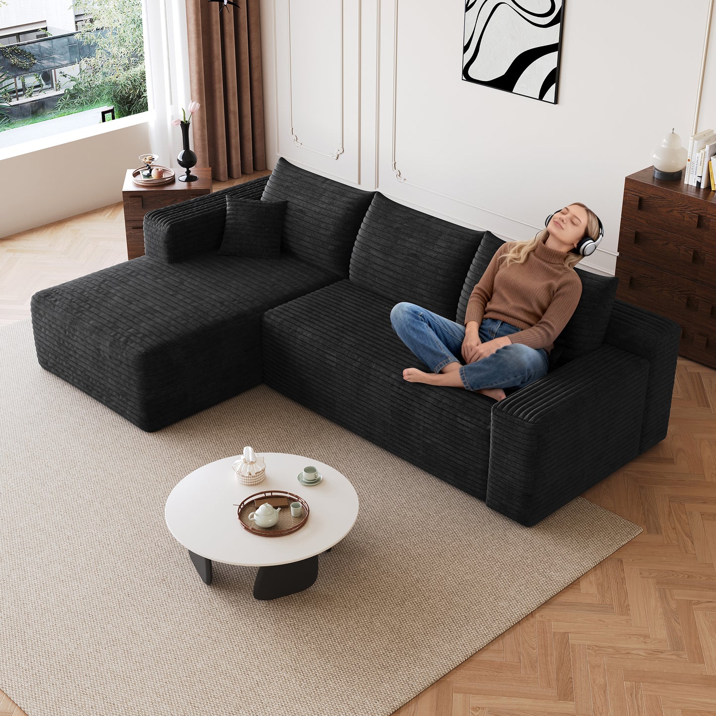 95  Cloud Sectional Sofa,Modern Minimalist Upholstered Couches, Comfort U Shaped Sofa For Living Room,Deep Seat Corner Couch,No Assembly Required,Black  Plush Corduroy Fabric