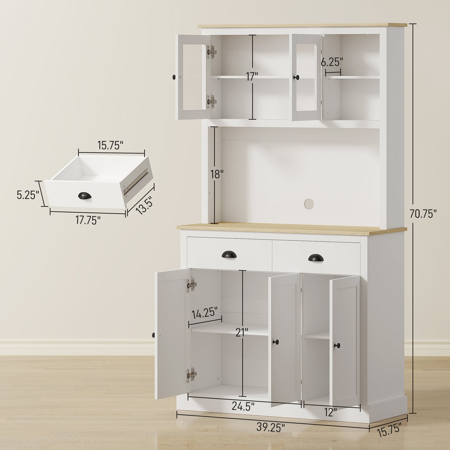 Freestanding Kitchen Cabinet, 71" Tall Pantry Cabinet, Modern Hutch With Wide Countertop, Adjustable Shelves, White