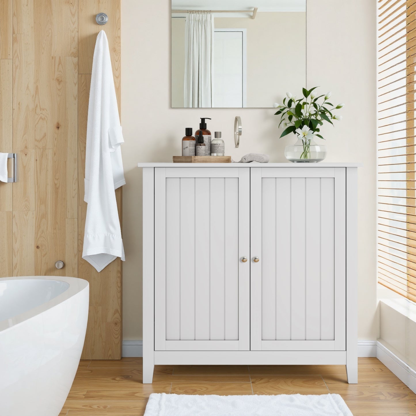 White Double Door Storage Cabinet, Mid-Century Modern Freestanding Buffet Cabinet, Bathroom Storage Cabinet With Silver Knobs For Living Room, Kitchen, Bathroom, Hallway