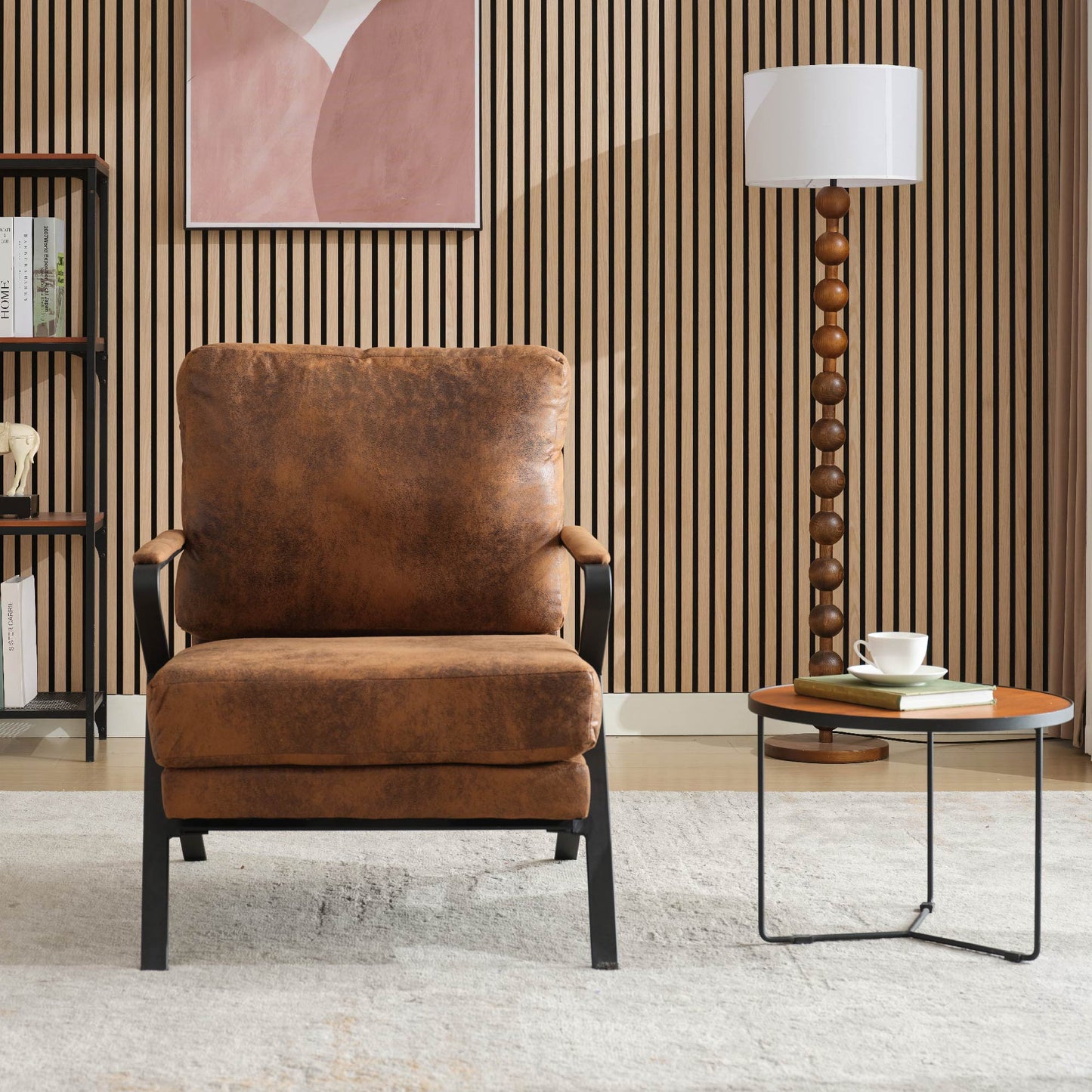 Mid-Century Modern Chair Upholstered Lounge Arm Chair With Iron Frame And Thicker Cushion For Living Room, Reading, Balcony,Brown