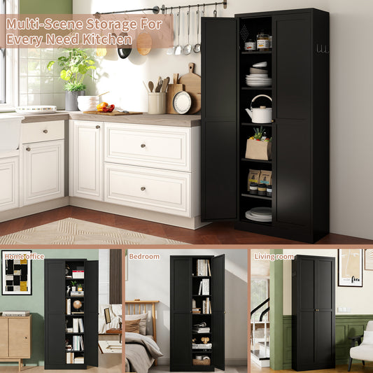 72  Black Metal Kitchen Pantry Cabinet With Doors, Heavy-Duty Freestanding Storage Organizer With 5 Adjustable Shelves, Tool-Free Assembly For Pantry, Kitchen, Bathroom