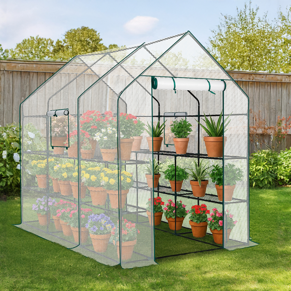 Large Walk-in Greenhouse With PE Cover & Side Windows, 12-Shelf Indoor Outdoor Portable Greenhouse For Garden Backyard, 56 X 85 X 77inch, White