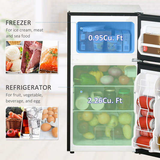 3.2 Cu.Ft Mini Fridge With Freezer, Double Door Compact Refrigerator With Adjustable Thermostat, Shelf And Reversible Door For Bedroom, Dorm, Home Office, Energy Efficient, Black