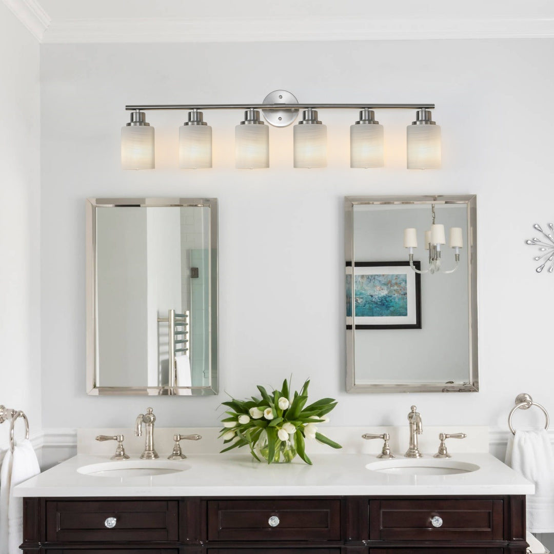 39  Modern 6-Light Vanity Wall Sconce, Brushed Nickel Finish With Frosted Glass Shades For Bathroom Or Hallway Lighting  No Bulbs