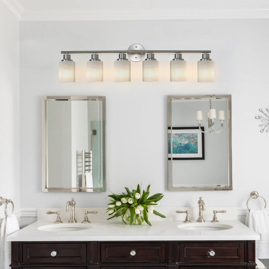 39  Modern 6-Light Vanity Wall Sconce, Brushed Nickel Finish With Frosted Glass Shades For Bathroom Or Hallway Lighting  No Bulbs