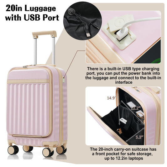 Luggage Set Of 3, 20inch With USB Port, Front Opening Design Airline Certified Carry On Luggage, ABS Hard Shell Luggage With Spinner Wheels,Light