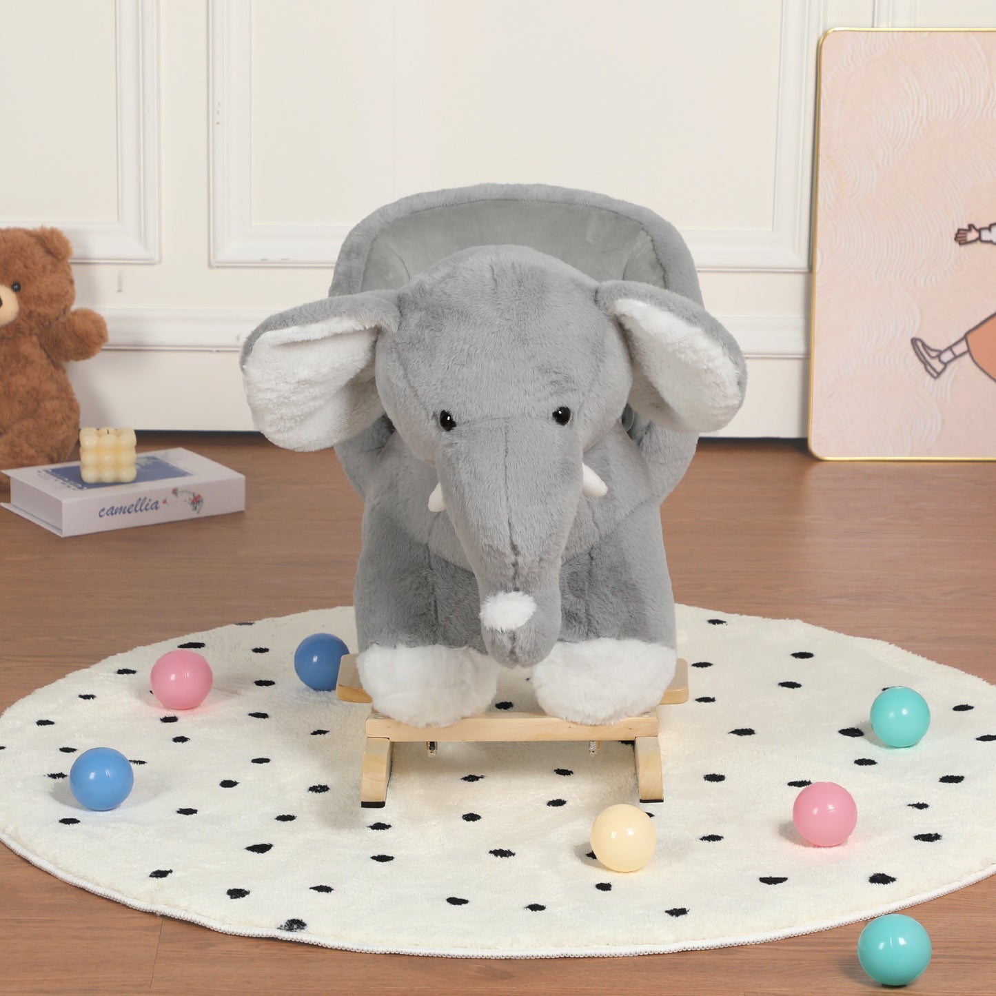 Kids Ride-On Rocking Horse Toy With Elephant Sounds ,Elephant Rocking Toy With Hand Puppets And Safety Belt For Children 1-3 Years,Soft Plush Fabric,Grey,CPC Certified