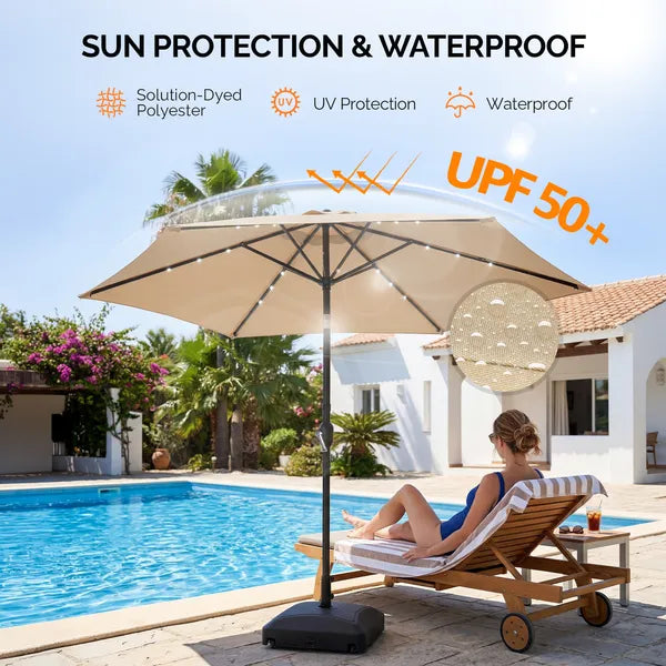 9ft Solar Patio Umbrella With LED Lights, Outdoor Market Table Umbrella With Push Button Tilt & Crank, 6 Ribs Waterproof Polyester Deck Umbrella For Garden, Backyard, Pool, Beige