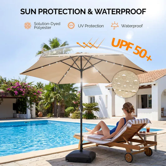 9ft Solar Patio Umbrella With LED Lights, Outdoor Market Table Umbrella With Push Button Tilt & Crank, 6 Ribs Waterproof Polyester Deck Umbrella For Garden, Backyard, Pool, Beige