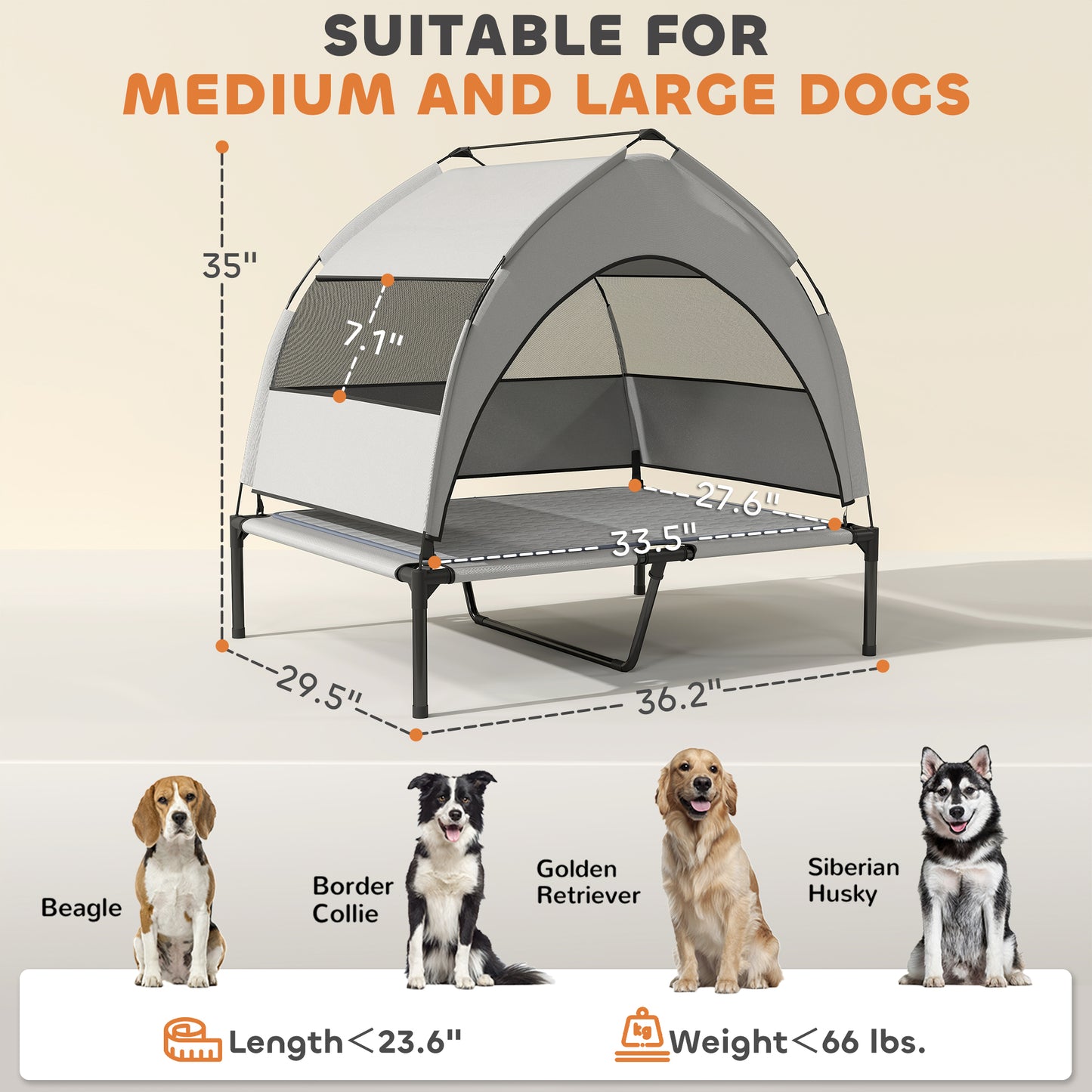Elevated Dog Bed With Removable Canopy, Portable Outside Raised Pet Cot With Cooling Pad, Storage Bag, 36" X 29.5" X 35"