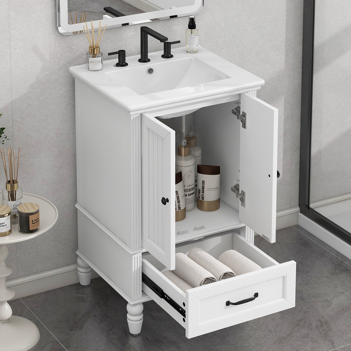 20 Bathroom Vanity With Sink, Bathroom Cabinet With Two Doors, Magnetic Door Stopper And  Adiustable Foot Pads, A Drawer, White