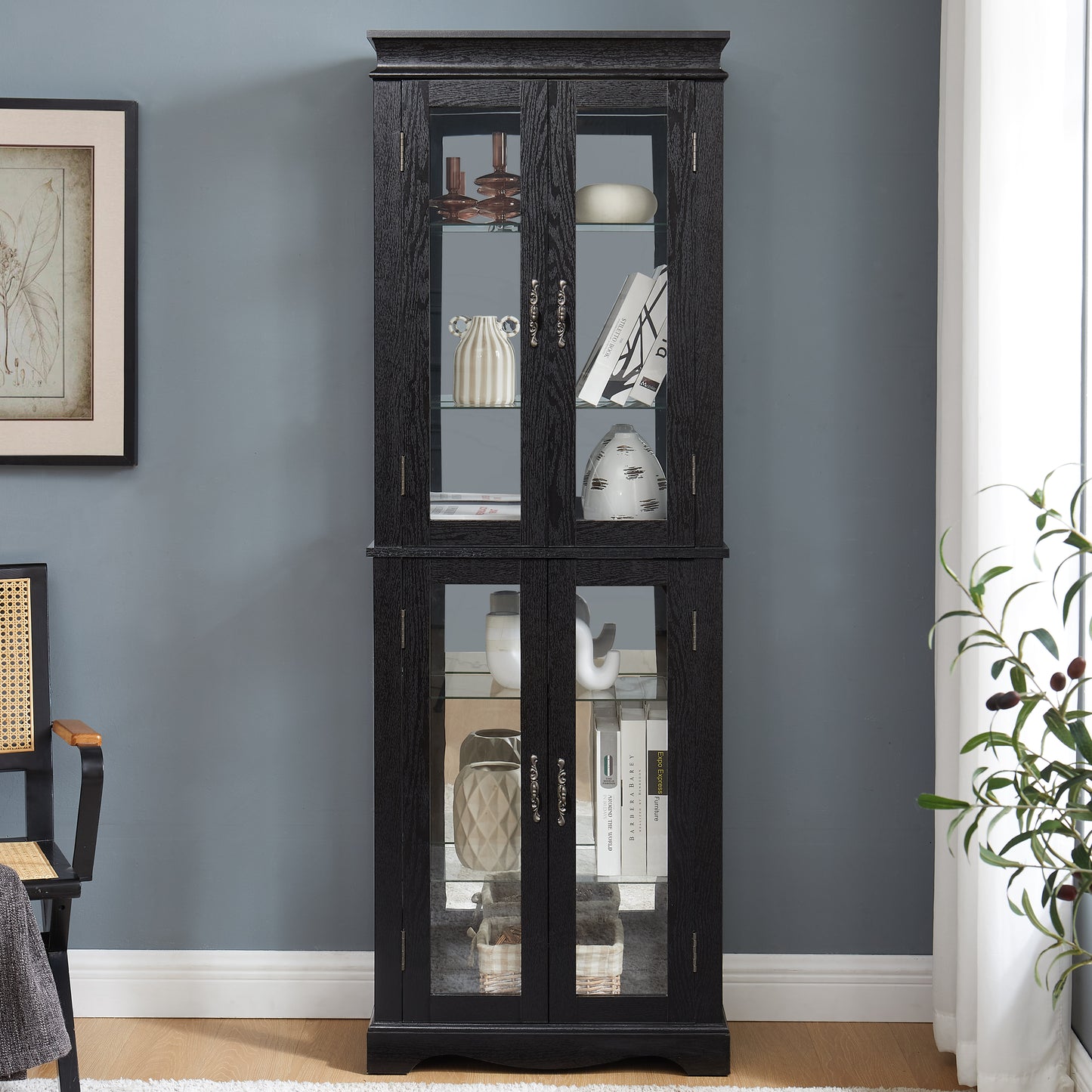 Lighted Glass Curio Display Cabinet,Display Cabinet,Glass Storage Cabinet Glass Wine Cabinet Wood Frame Toy Display For Living Room, Kitchen, Pantry Light Bulb Included BIACK