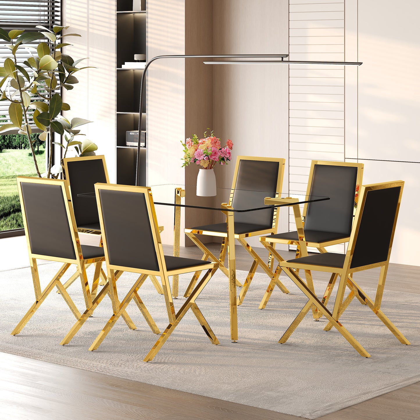 Table And Chair Set.51 X31.5-inch Tempered Glass Dining Table, Paired With A Set Of 6 Black PU Dining Chairs. Modern Light Luxury Home Restaurant Table And Chair Combination.