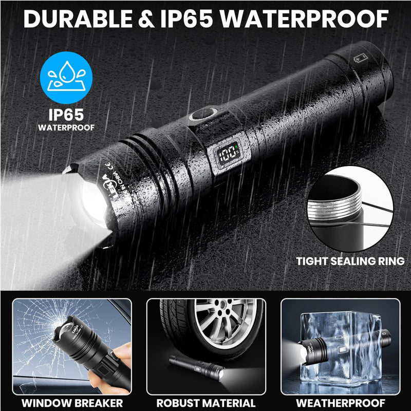 Rechargeable Flashlight 50000 Lumens Long Range Super Bright USB C LED Flashlight Long Life 5 Modes Powerful Zoomable Flashlights For Emergency Hiking Camping