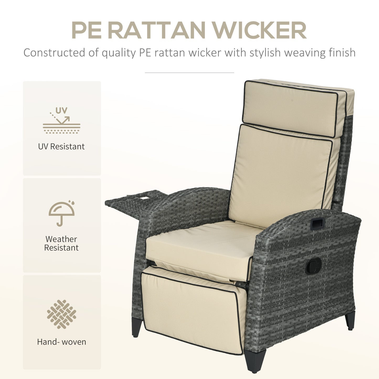 Outdoor Recliner Chair With Cushions, Reclining Patio Lounge Chair With Adjustable Footrest, Armrests, Tray Table, Khaki