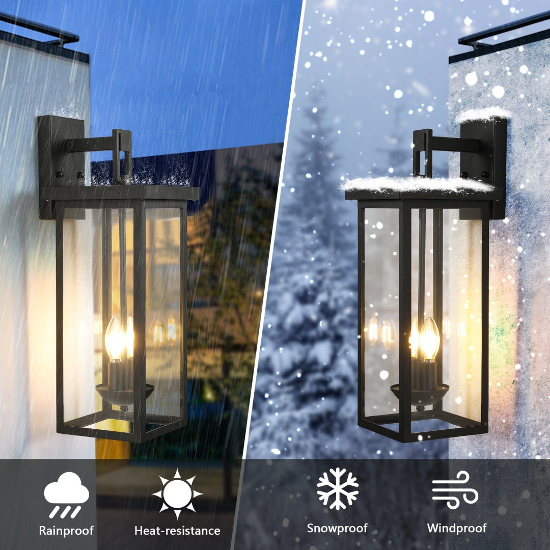 2-Pack 22.0  Outdoor Wall Lantern With Dusk To Dawn Sensor, Matte Black Finish, Clear Glass Panels, Weatherproof Exterior Light For Porch, Patio, Garage, 2-Light Design -Bulb Not Included