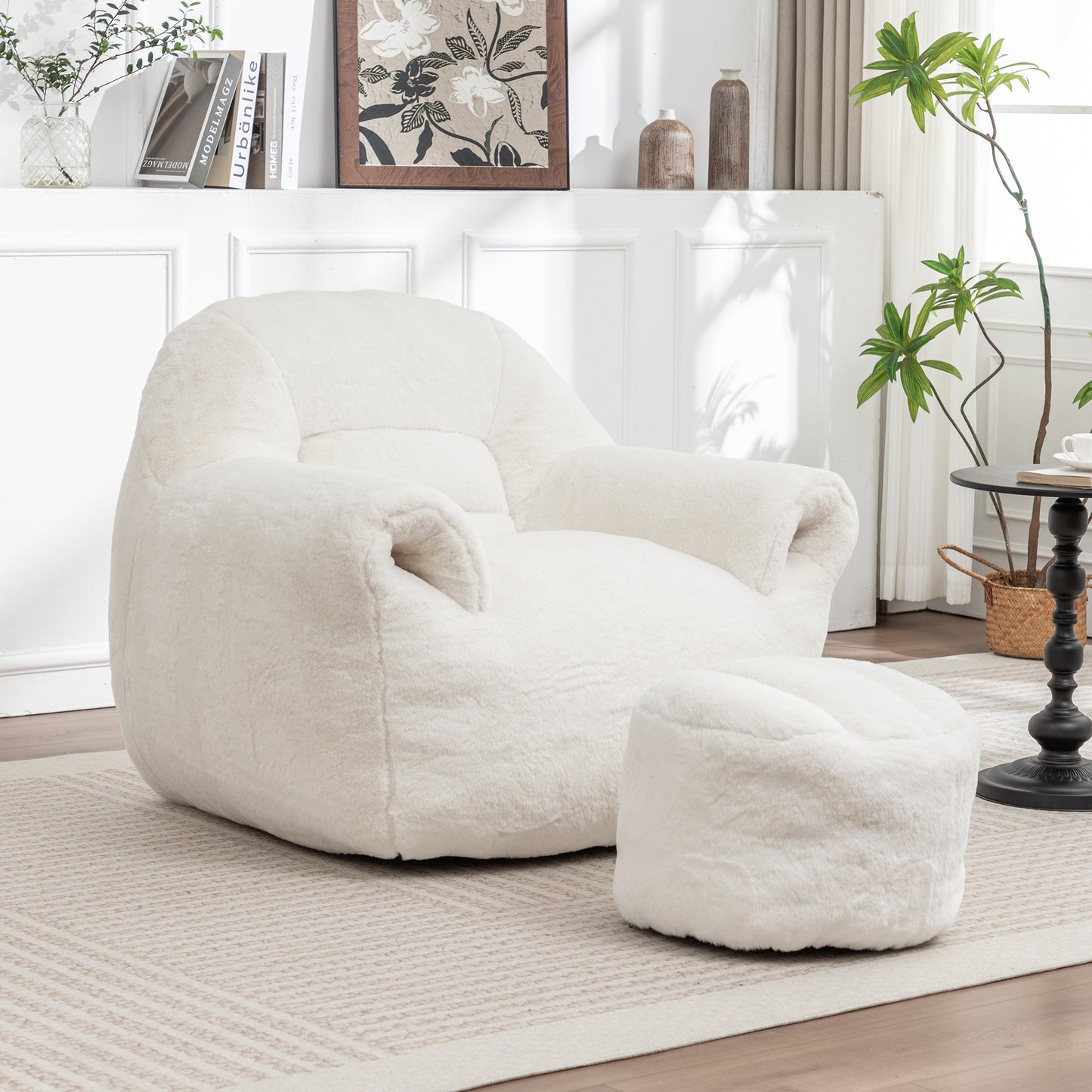 Bean Bag Chair, Comfy Bean Bag Sofa With Back Support, With Footstool,Faux Fur Bean Bag Chair For Adults And Kids, Stuffed Floor Sofa For Living Room, Bedroom, Apartment, White