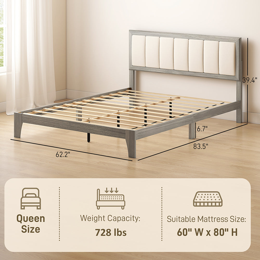 Bed Frame With Headboard Platform Bed Frame Linen-look Fabric With Wooden Slats No Needed Easy Assembly Support Up To 726 Lbs
