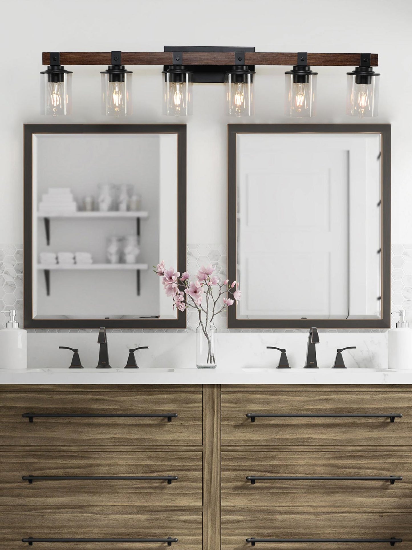 42in Rustic 6-Light Vanity Light, Industrial Bathroom Wall Sconce With Glass Shades And Wood Accent, Modern Farmhouse Lighting Fixture -No Bulbs
