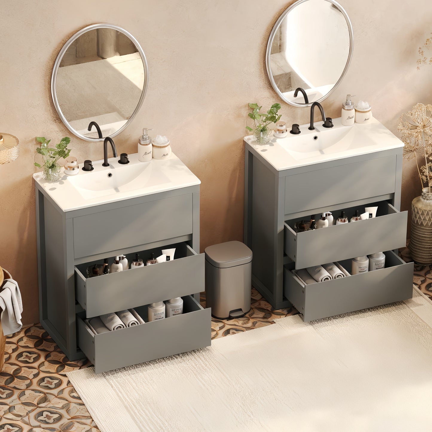 60  Double Sinks Bathroom Vanity Set, Bathroom Cabinet With Two Separate Ceramic Sinks, Full-Extension Drawers & Soft Close Undermount Drawer Slides, Gray