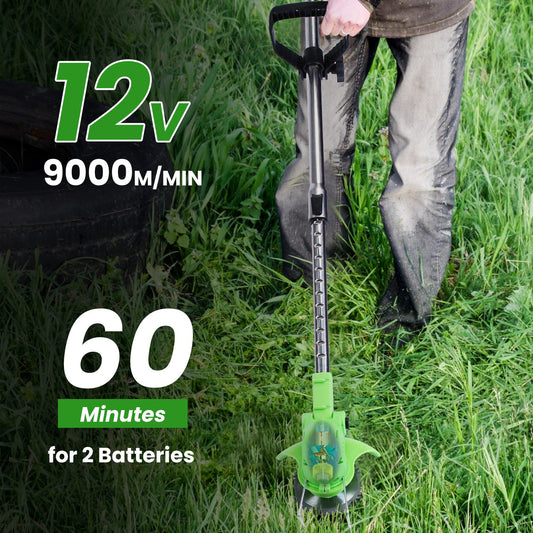 12V 200W Cordless Grass Trimmer Rechargeable Lawn Mower 9000M Per Min Weed Cutter With Saw Blade 2 Stainless Steel Blades 10 Plastic Blades 2 Rechargeable Batteries Goggles Gloves