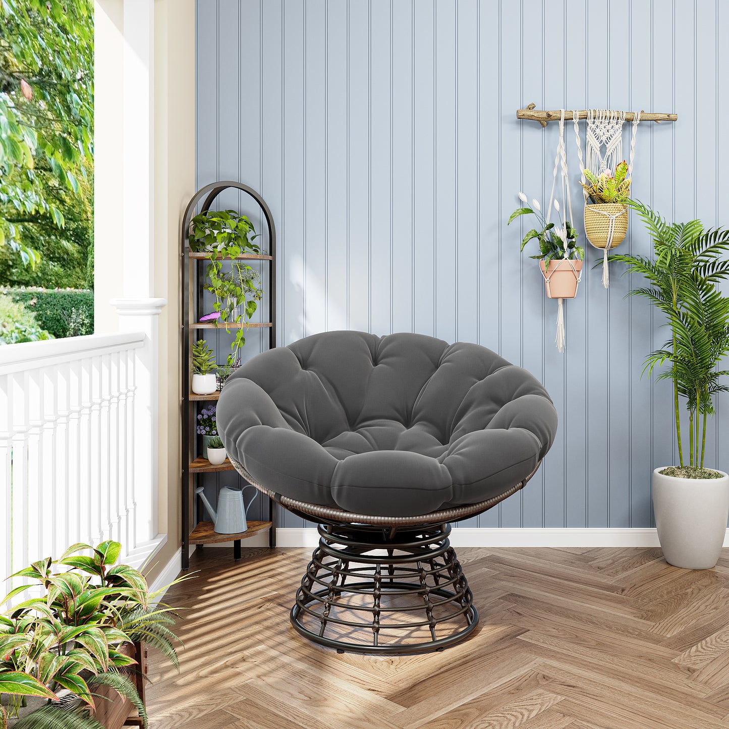 Comfortable Ergonomic Wicker Papasan Chair, 360 Swivel Indoor Outdoor Rattan Chair With Soft Thick Cushion, Ideal For Living Room, Bedroom, Reading Room, Brown Frame With Grey Cushion