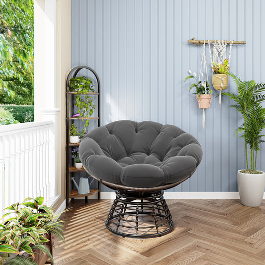 Comfortable Ergonomic Wicker Papasan Chair, 360 Swivel Indoor Outdoor Rattan Chair With Soft Thick Cushion, Ideal For Living Room, Bedroom, Reading Room, Brown Frame With Grey Cushion