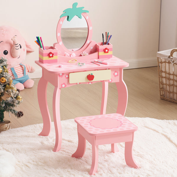 Pink MDF Spray-painted - Apple-printed 1-drawer 2-desktop Storage Box Children's Dressing Table Set