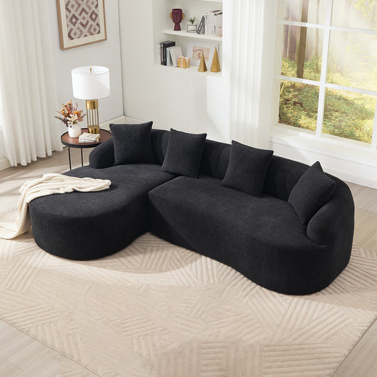 Compression L-Shape Sectional Sofa With Curved Chaise Black Modular Chenille Boneless N Couch 30D High-Density Foam Minimalist Modular Couches Sleeper For Living Room Bedroom Apartment Lounge.