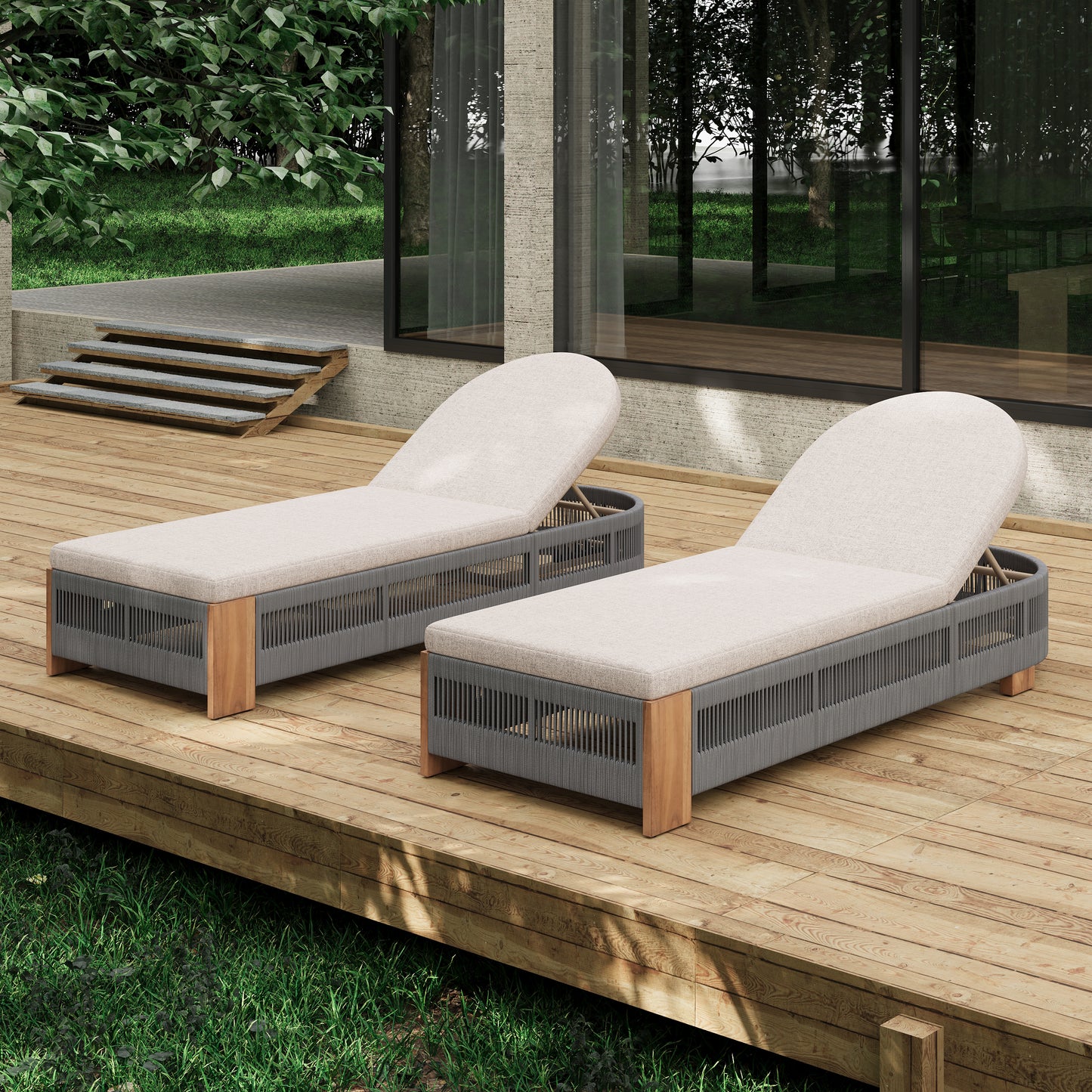 Outdoor  Acacia Wood Patio Adjustable Lounge Chair Set Of 2- Uncushioned For  Pool Garden-Grey Rope & Natural Iron