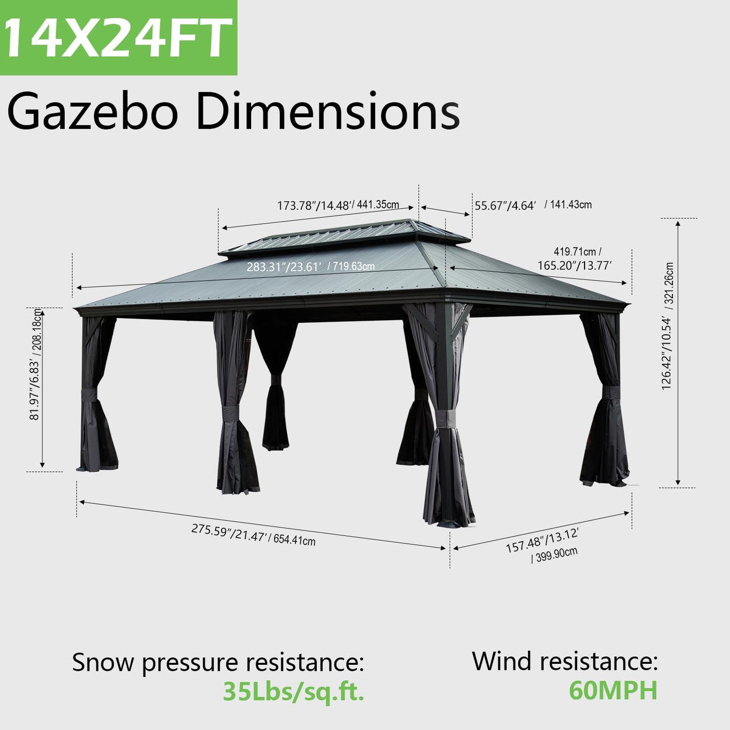 14  X24   Hardtop Gazebo With Resin Roof, Outdoor Metal Gazebo With Drainage Gutters, Permanent Heavy Duty Pavilion For Patio, Backyard And Deck, Curtains And Mosquito Netting Included