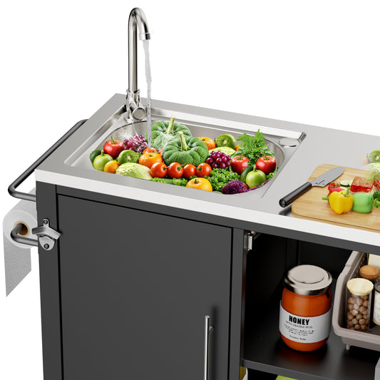 Outdoor Grill Table With Sink, Grill Cart With 304 Stainless Steel Sink And Cabinet, Outdoor Grill Cart,Outdoor Cart Sink Station With Wheels, L38in X W18in X H35in