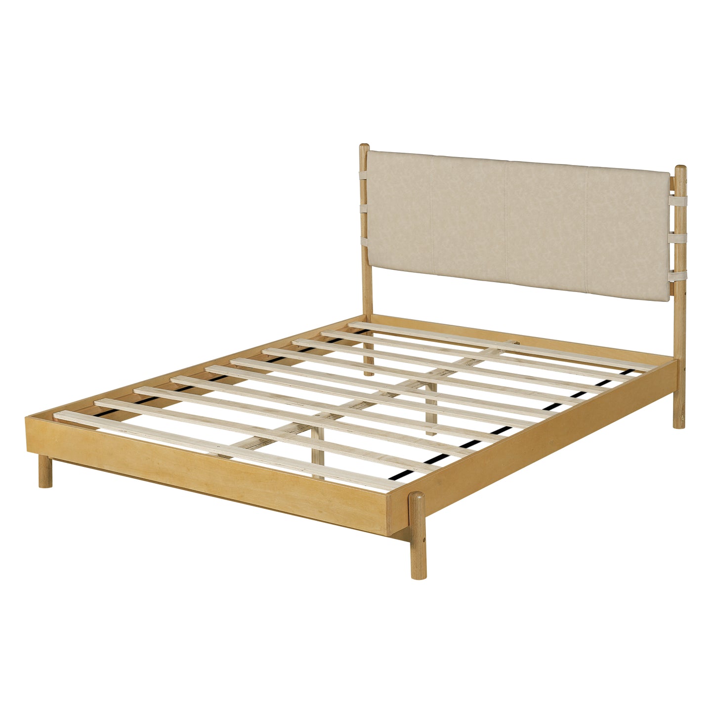 Premium Rubber Wood Platform Bed Frame, Queen Bed Frame With Headboard Included, Mid Century Modern Bed With Beige Color