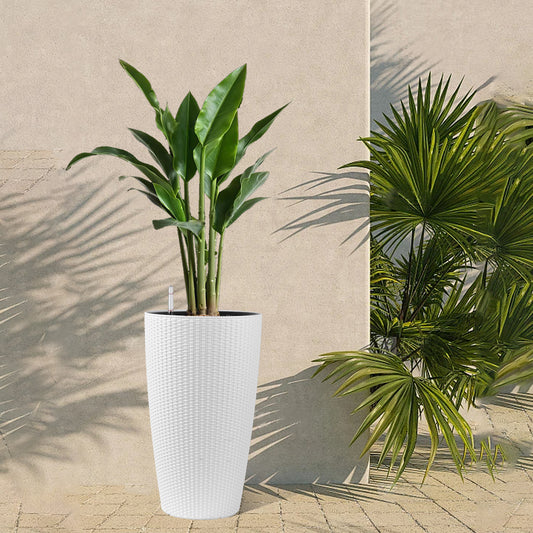 Set Of 2 Faux Rattan Tall Planters Outdoor Indoor Large Planters With Water Level Monitor Inner Bucket, Automatic Watering, Flower Plant Pots For Garden, Patio, Porch,  White, 22 Inch