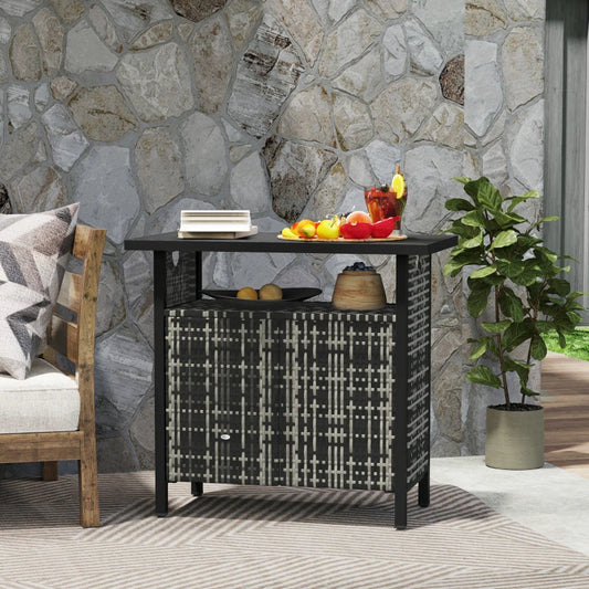 Outdoor Pool Towel Storage Cabinet Organizer, Outdoor Bar Table With Shelf And Cabinet, Pool Towel Holder Pool Valet With Weather-Resistant PE Rattan And Steel Frame, Mixed-Gray
