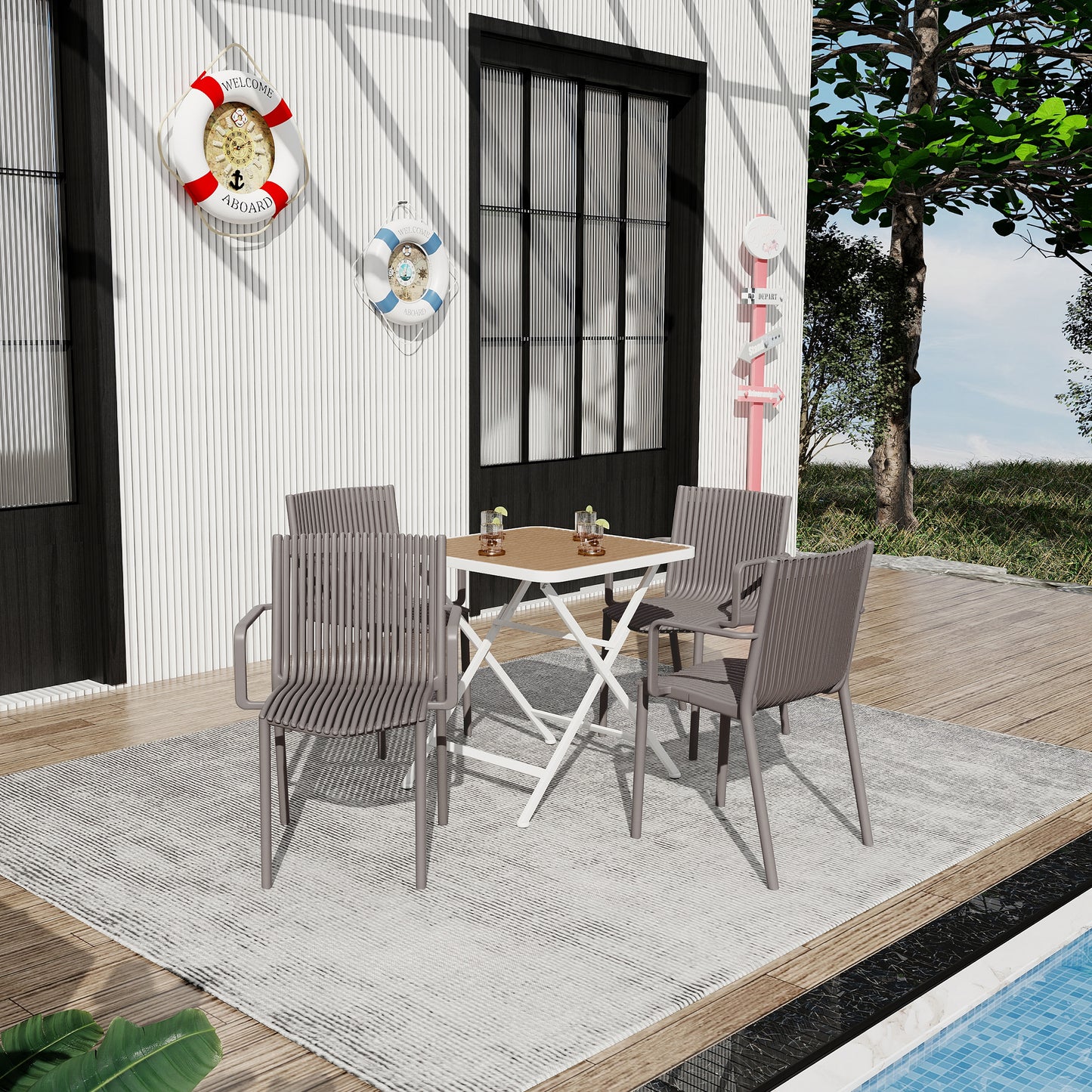 Holiday- 4pcs Warm Grey Stackable PP Armchair For Indoor Outdoor Use -Ergonomic Slatted Back With Modern Folding Indoor Outdoor Multi-functional Square Table- PP Tabletop With Metal Legs White, Khaki