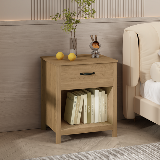 Wood Nightstand With Drawer And Open Shelf, Modern Bedside Table With Storage, Wooden End Table For Bedroom, Living Room Or Apartment, Natural Finish, Brown