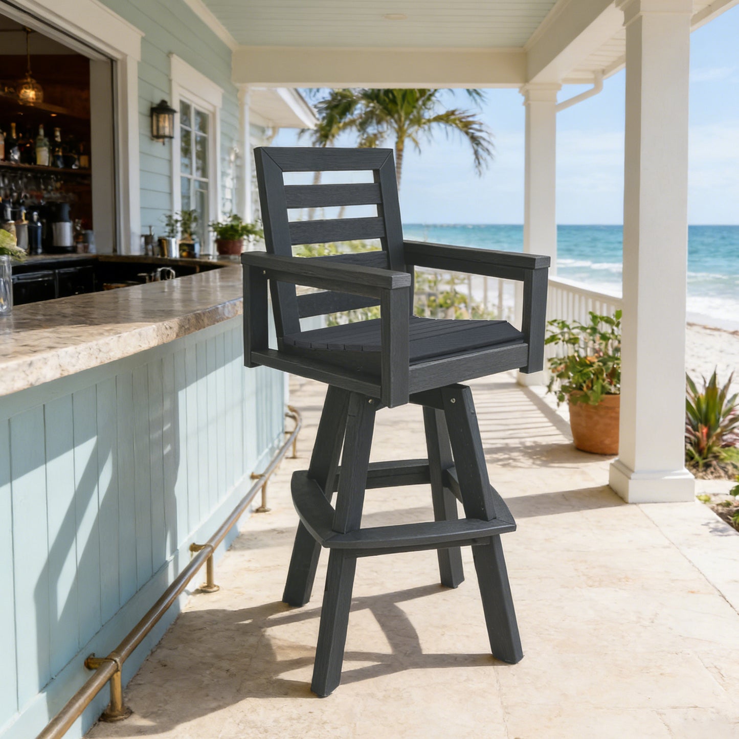 Outdoor Swivel Bar Stools, Slate Grey HDPE High-Density Polyethylene Patio Bar Chair With 360 Swivel & Ladderback, All-Weather Bar Height Stool For Deck, Porch, Poolside, Hot-Embossed Wood Grain