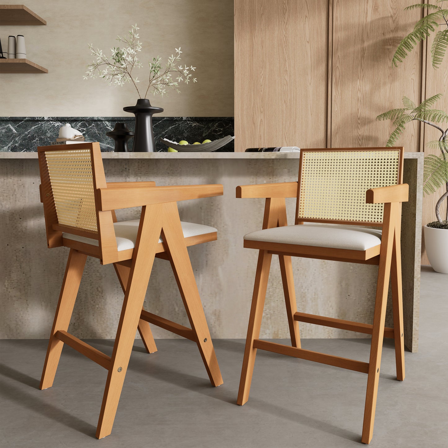27 Height, Cream Woven Cane Plastic Backrest Bar Stool - Foam-Padded Fabric Seat & Durable Rubberwood Frame