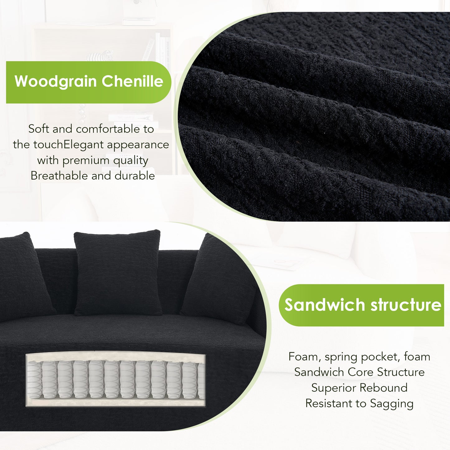New Boneless L-Shape Sectional Sofa With Curved Chaise Black Modular Chenille Compression Couch 30D High-Density Foam Minimalist Modular Couches Sleeper For Living Room Bedroom Apartment Lounge.