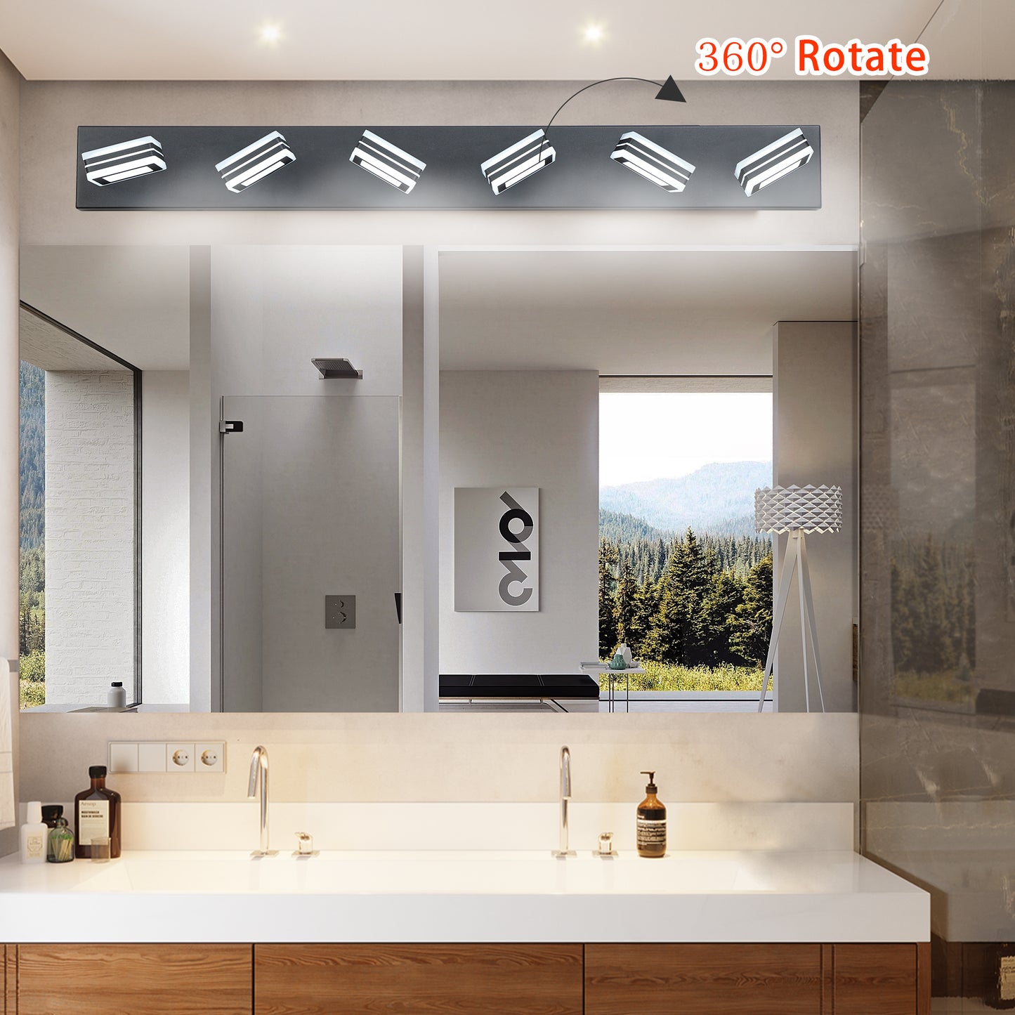 39in  Modern Black 6-Light LED Vanity Light, Square Acrylic Lampshades Wall Mount Fixture For Bathroom, Mirror Lighting